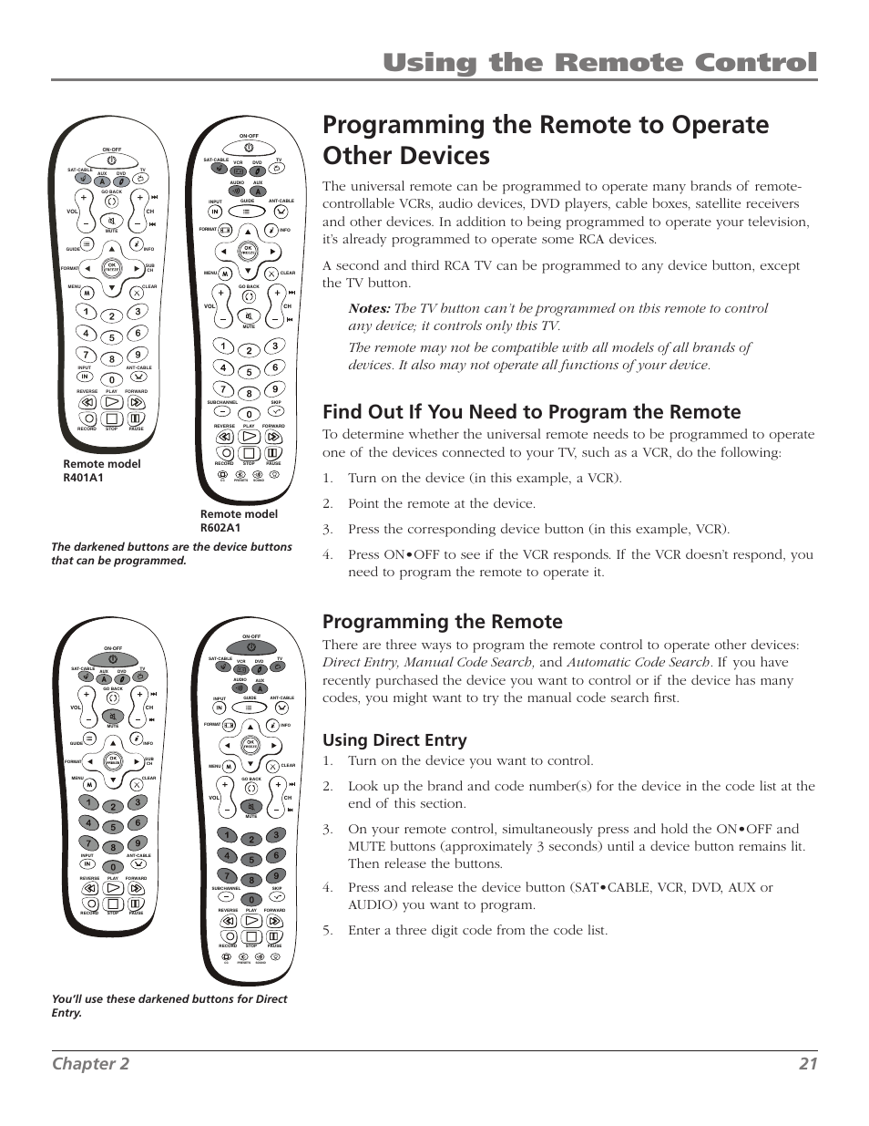 Find out if you need to program the remote, Programming the remote, Chapter | Using direct entry | RCA Scenium M50WH187 User Manual | Page 23 / 64