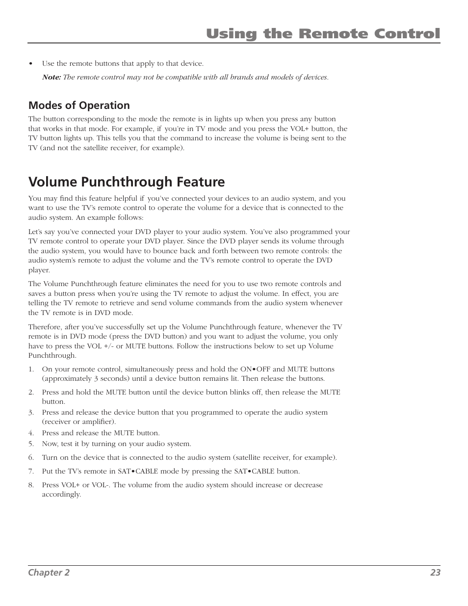 Using the remote control, Volume punchthrough feature, Modes of operation | RCA Scenium M50WH187 User Manual | Page 25 / 64