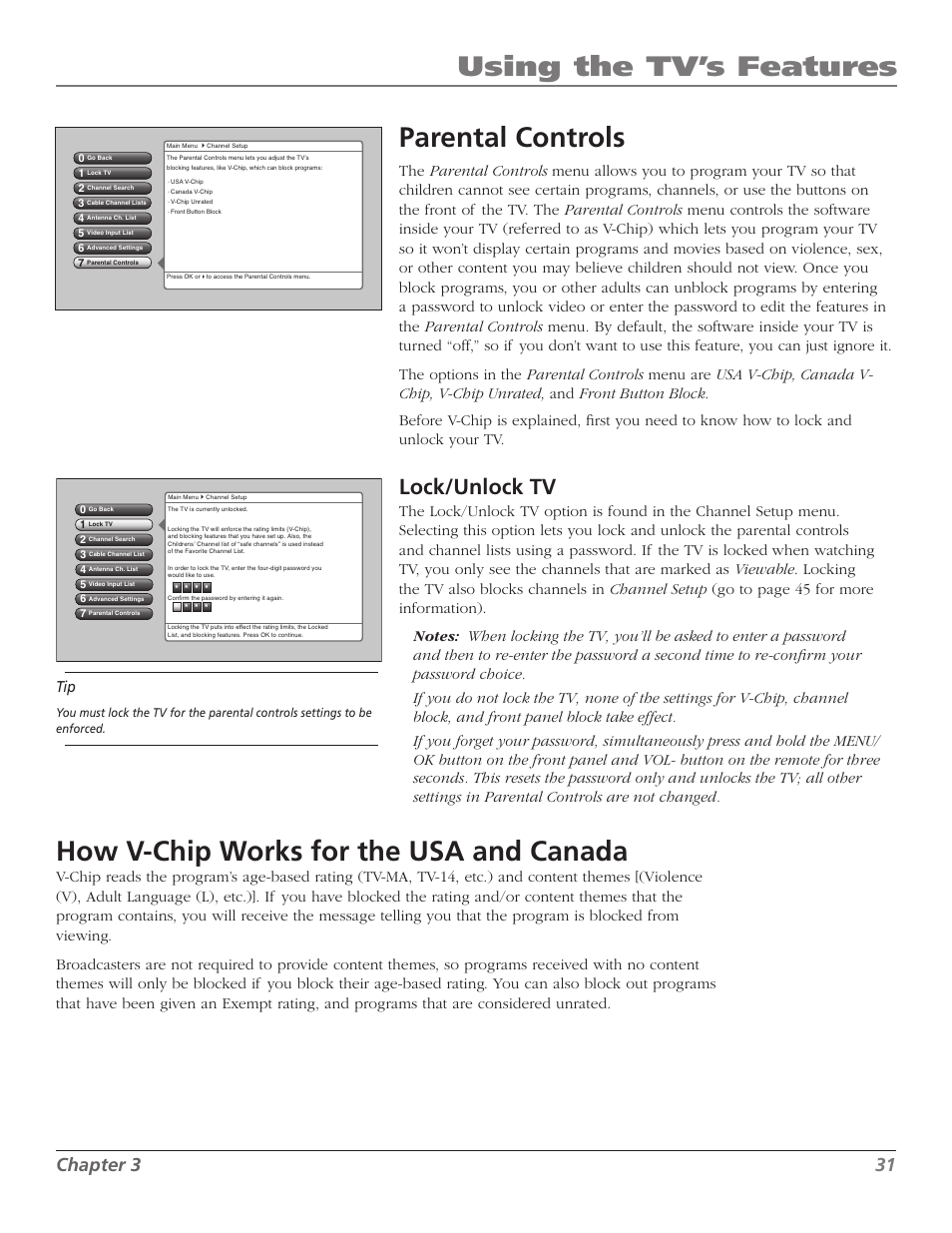 Using the tv’s features, Parental controls, How v-chip works for the usa and canada | Lock/unlock tv, Chapter | RCA Scenium M50WH187 User Manual | Page 33 / 64