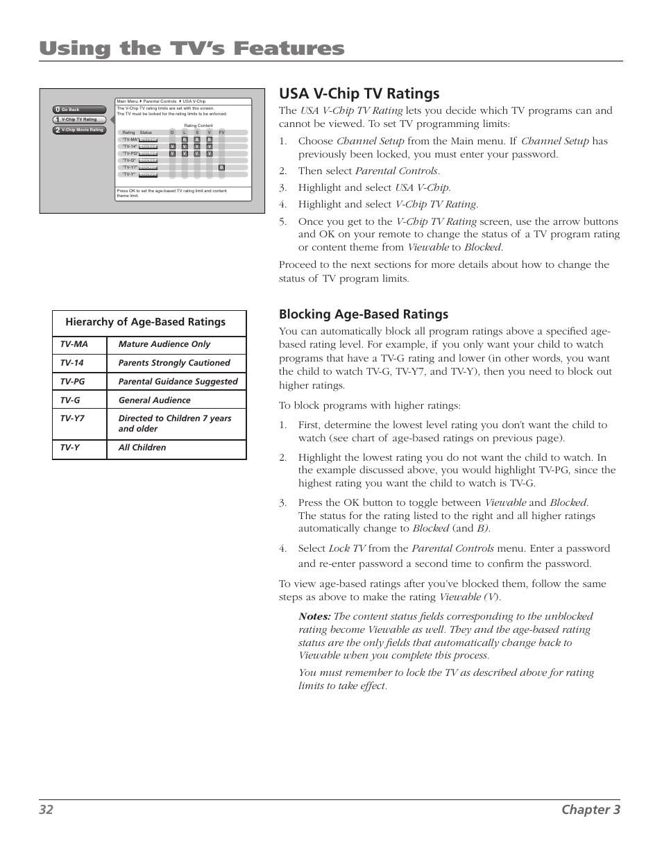 Using the tv’s features, Usa v-chip tv ratings, Chapter | Blocking age-based ratings, Hierarchy of age-based ratings | RCA Scenium M50WH187 User Manual | Page 34 / 64