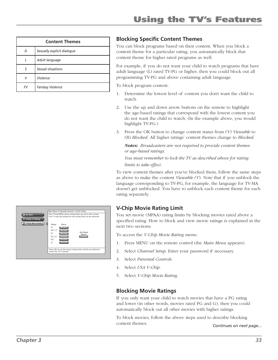 Using the tv’s features, Chapter, Blocking specific content themes | V-chip movie rating limit, Blocking movie ratings, Continues on next page | RCA Scenium M50WH187 User Manual | Page 35 / 64