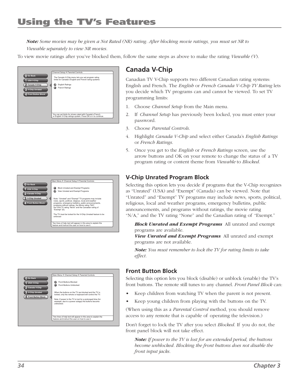 Using the tv’s features, Canada v-chip, Chapter | V-chip unrated program block, Front button block | RCA Scenium M50WH187 User Manual | Page 36 / 64