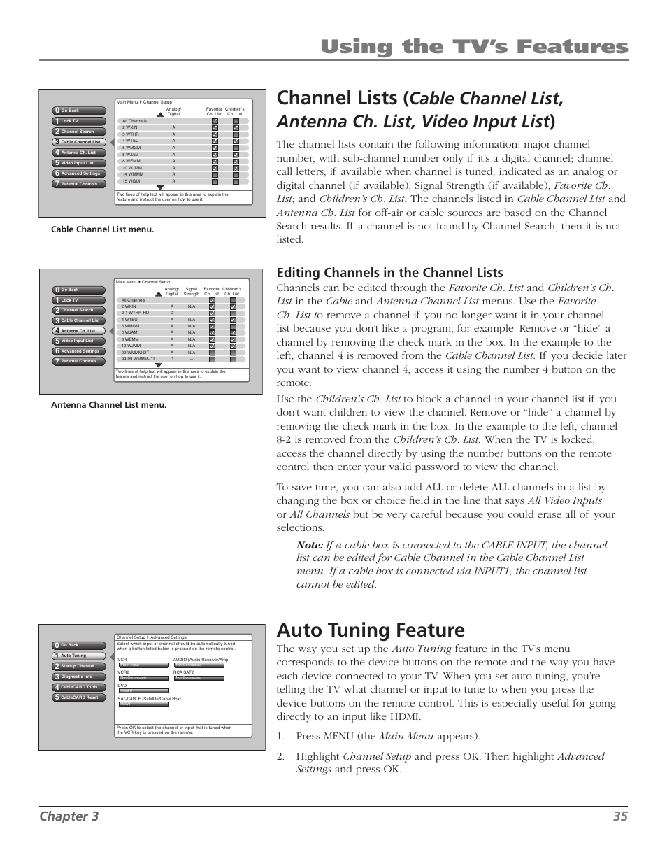 Using the tv’s features, Channel lists, Auto tuning feature | Chapter, Editing channels in the channel lists, Cable channel list menu. antenna channel list menu | RCA Scenium M50WH187 User Manual | Page 37 / 64