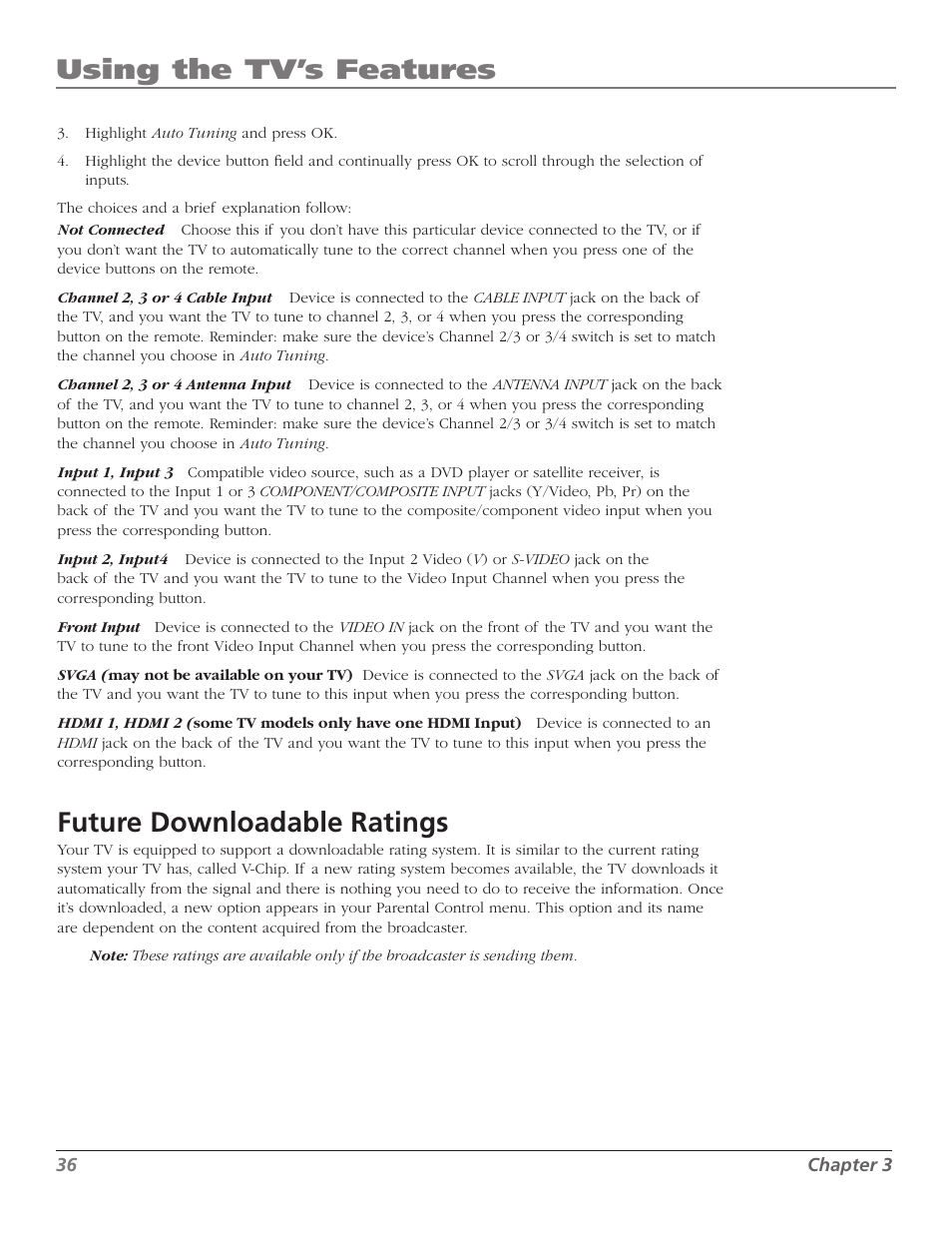 Using the tv’s features, Future downloadable ratings | RCA Scenium M50WH187 User Manual | Page 38 / 64