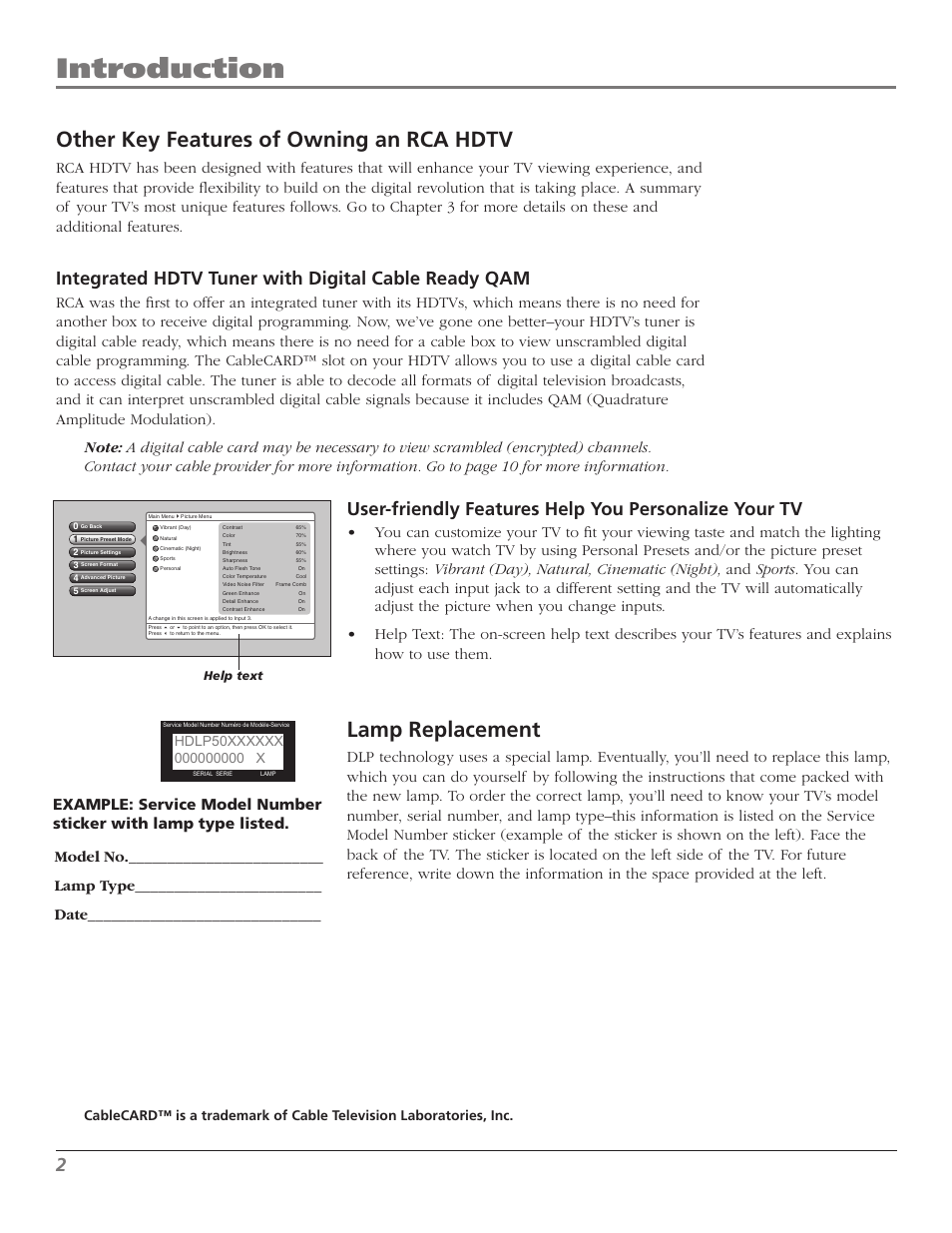 Introduction, Other key features of owning an rca hdtv, Lamp replacement | Integrated hdtv tuner with digital cable ready qam, Help text | RCA Scenium M50WH187 User Manual | Page 4 / 64