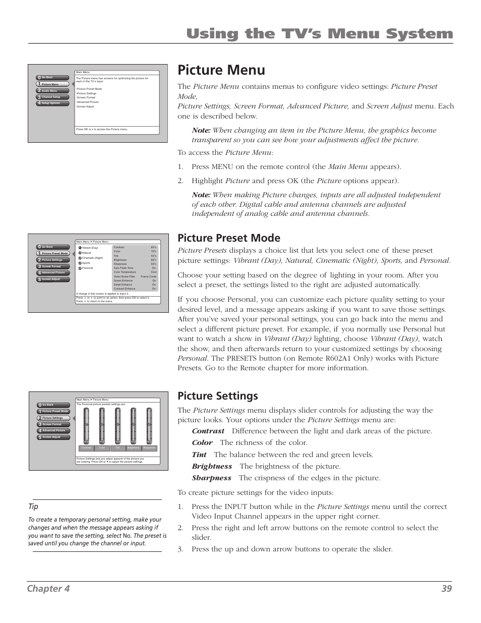 Using the tv’s menu system picture menu, Picture preset mode, Picture settings | Chapter | RCA Scenium M50WH187 User Manual | Page 41 / 64