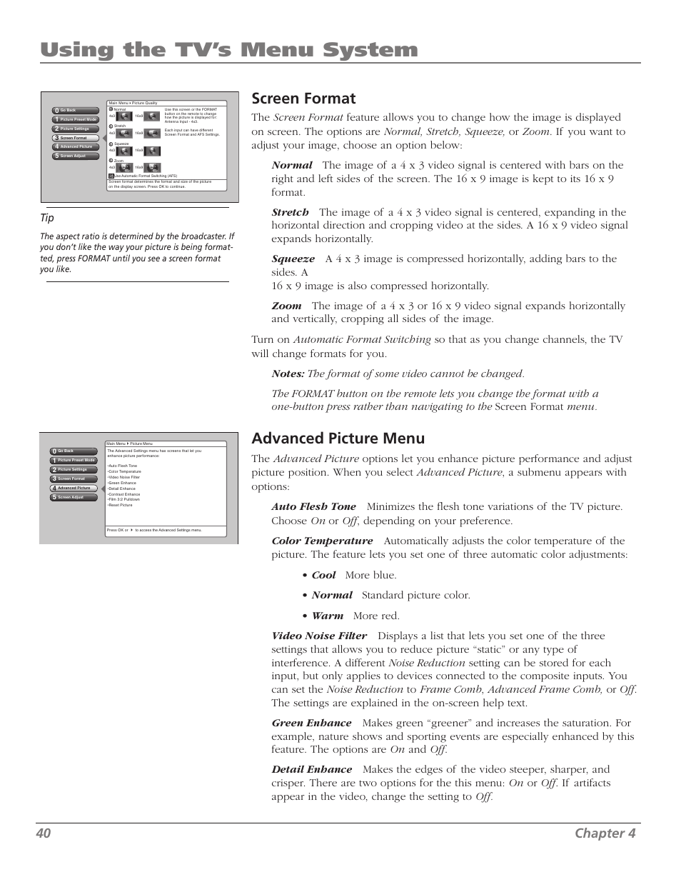 Using the tv’s menu system, Screen format, Advanced picture menu | 0 chapter | RCA Scenium M50WH187 User Manual | Page 42 / 64