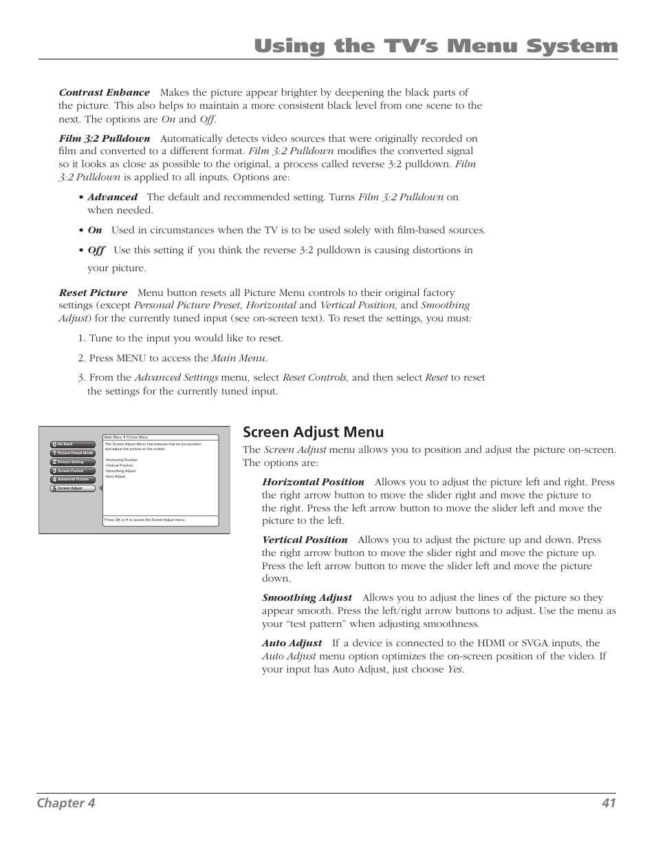 Using the tv’s menu system, Screen adjust menu, Chapter | RCA Scenium M50WH187 User Manual | Page 43 / 64