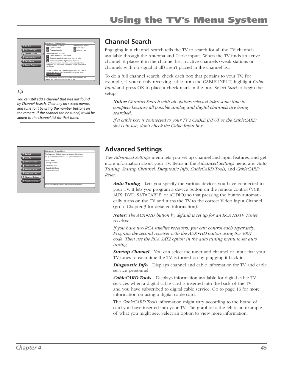 Using the tv’s menu system, Channel search, Advanced settings | Chapter | RCA Scenium M50WH187 User Manual | Page 47 / 64