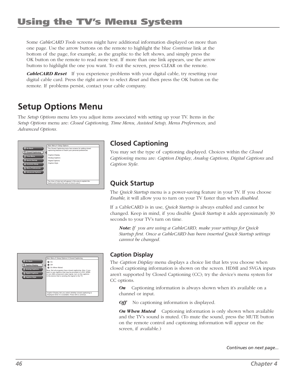 Using the tv’s menu system, Setup options menu, Closed captioning | Quick startup, Chapter, Caption display, Continues on next page | RCA Scenium M50WH187 User Manual | Page 48 / 64