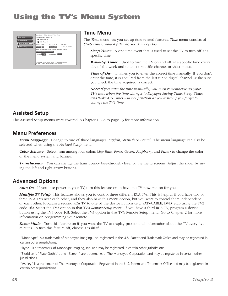 Using the tv’s menu system, Time menu, Assisted setup | Menu preferences, Advanced options, Chapter | RCA Scenium M50WH187 User Manual | Page 50 / 64