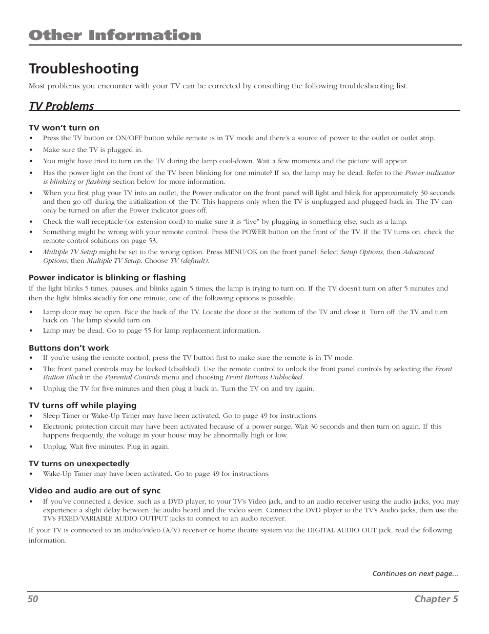 Other information, Troubleshooting, Tv problems | RCA Scenium M50WH187 User Manual | Page 52 / 64