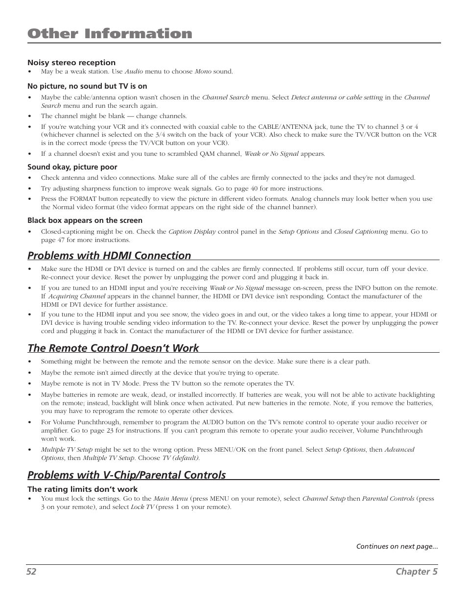 Other information, Problems with hdmi connection, The remote control doesn’t work | Problems with v-chip/parental controls | RCA Scenium M50WH187 User Manual | Page 54 / 64