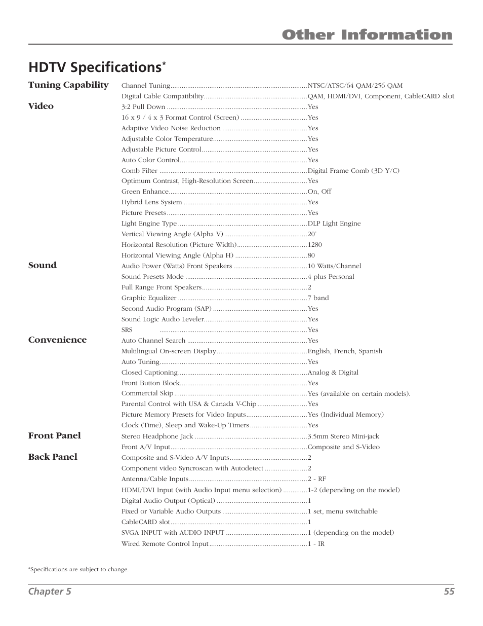 Other information, Hdtv specifications | RCA Scenium M50WH187 User Manual | Page 57 / 64