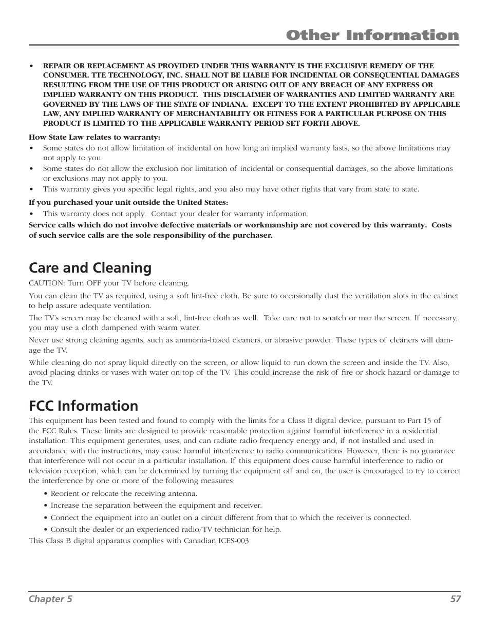 Other information, Care and cleaning, Fcc information | RCA Scenium M50WH187 User Manual | Page 59 / 64