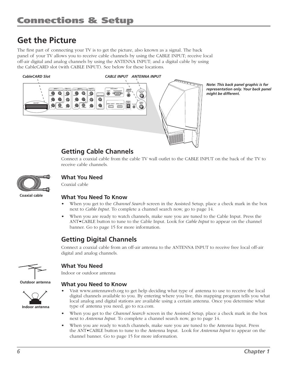 Connections & setup, Get the picture, Getting cable channels | Getting digital channels, Chapter, What you need, What you need to know, Coaxial cable, Indoor or outdoor antenna | RCA Scenium M50WH187 User Manual | Page 8 / 64