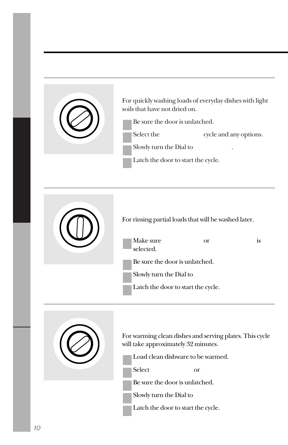 Dial cycles, Dial cycles , 11, About the dial cycles | Water saver, Rinse & hold, Plate warmer | RCA PSD3420 User Manual | Page 10 / 32