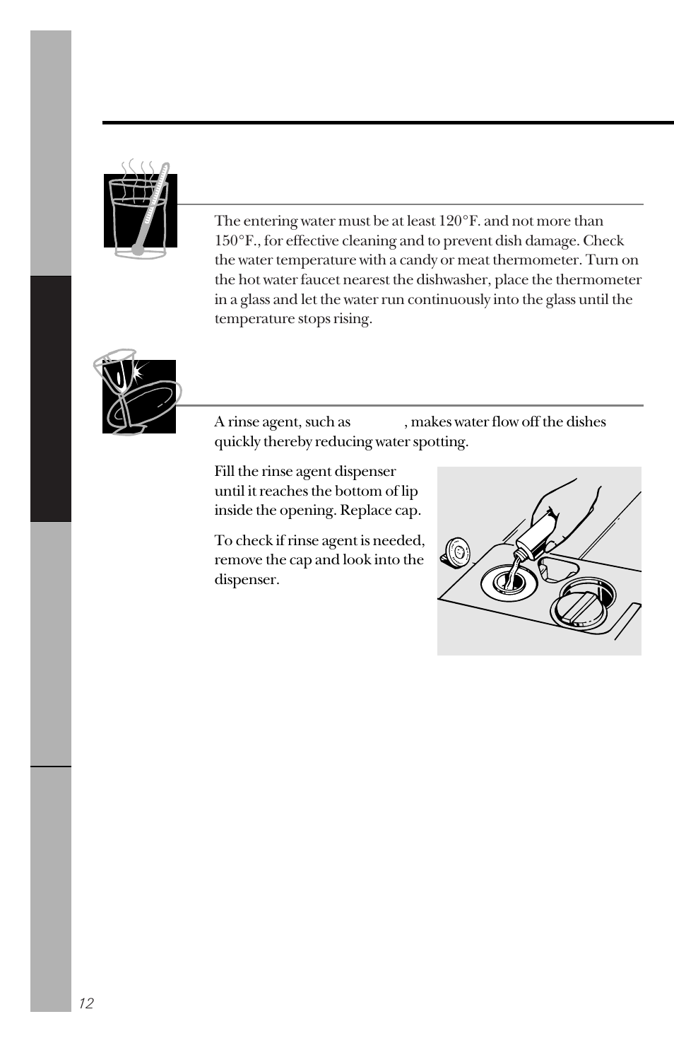 Using the dishwasher, Using the dishwasher , 13, Check the water temperature | Using a rinse agent | RCA PSD3420 User Manual | Page 12 / 32