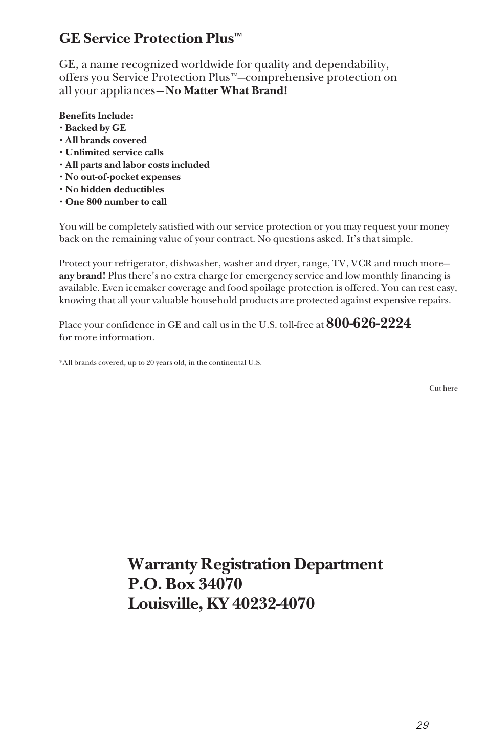 Product registration, General electric company, We’ll cover any appliance. anywhere. anytime | Ge service protection plus | RCA PSD3420 User Manual | Page 29 / 32