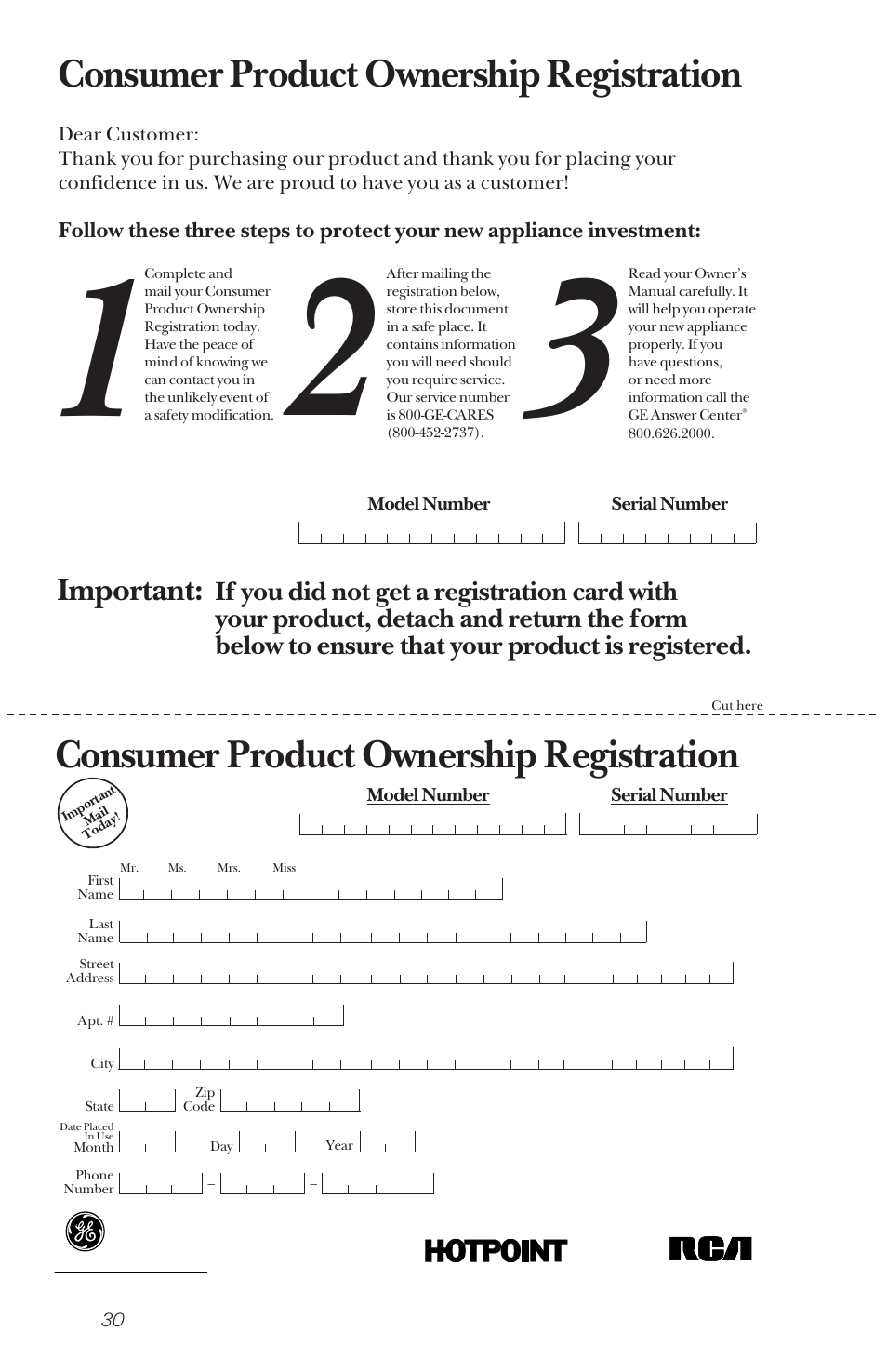Consumer product ownership registration, Important | RCA PSD3420 User Manual | Page 30 / 32