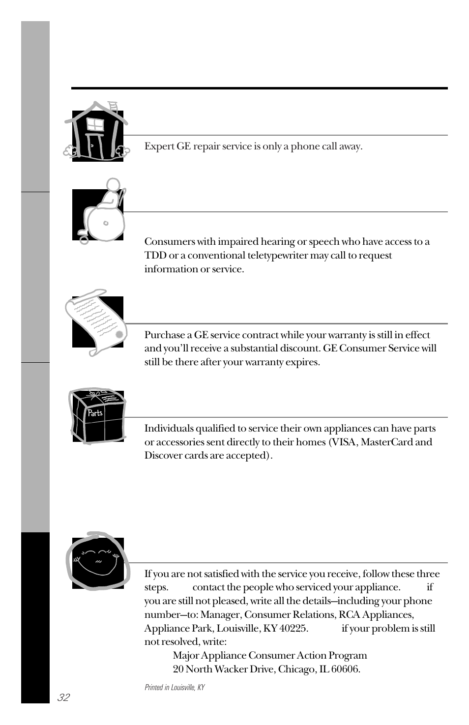 Service telephone numbers, In-home repair service, Special needs service | Service contracts, Parts and accessories, Service satisfaction | RCA PSD3420 User Manual | Page 32 / 32