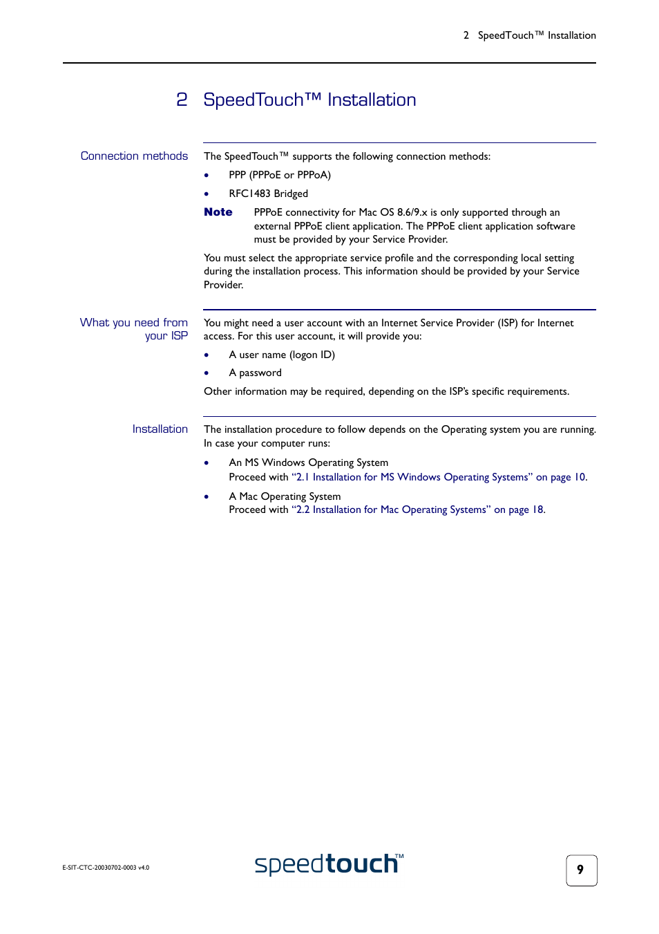 2 speedtouch™ installation, Connection methods, What you need from your isp | Installation, Speedtouch™ installation | RCA 300 Series User Manual | Page 11 / 64