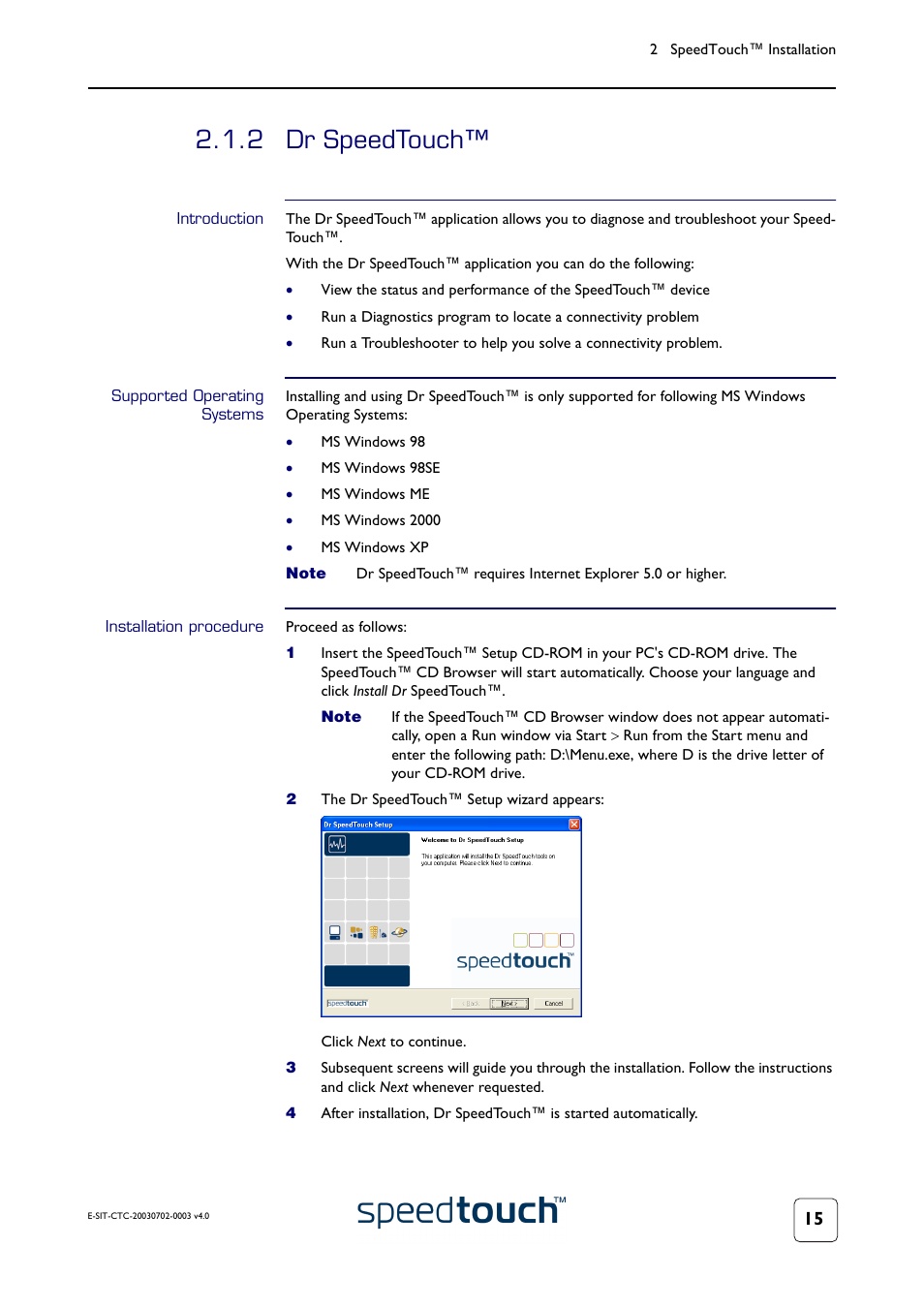 2 dr speedtouch, Introduction, Supported operating systems | Installation procedure, Dr speedtouch | RCA 300 Series User Manual | Page 17 / 64