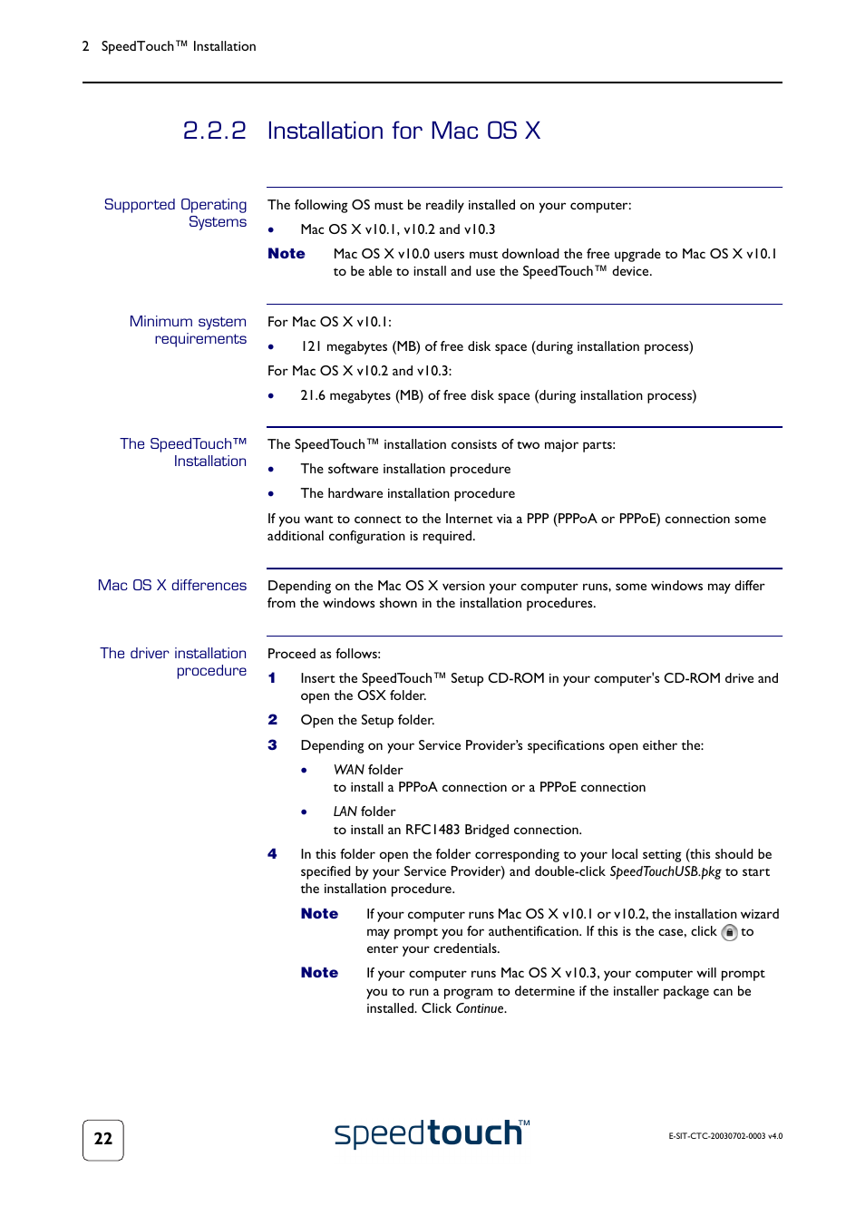 2 installation for mac os x, Supported operating systems, Minimum system requirements | The speedtouch™ installation, Mac os x differences, The driver installation procedure, Installation for mac os x, Oceed with | RCA 300 Series User Manual | Page 24 / 64