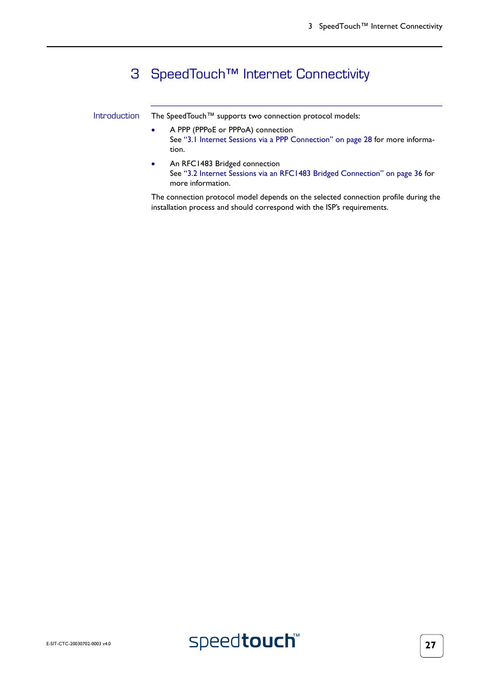 3 speedtouch™ internet connectivity, Introduction, Speedtouch™ internet connectivity | RCA 300 Series User Manual | Page 29 / 64