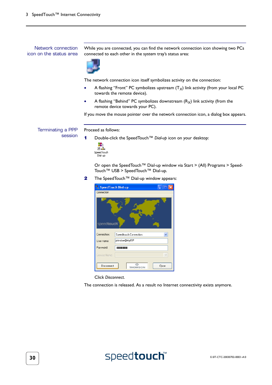 Network connection icon on the status area, Terminating a ppp session | RCA 300 Series User Manual | Page 32 / 64