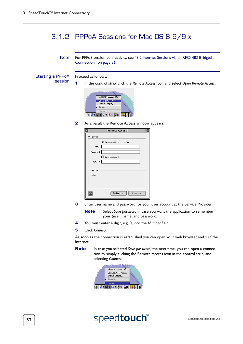 2 pppoa sessions for mac os 8.6/9.x, Note, Starting a pppoa session | Pppoa sessions for mac os 8.6/9.x | RCA 300 Series User Manual | Page 34 / 64