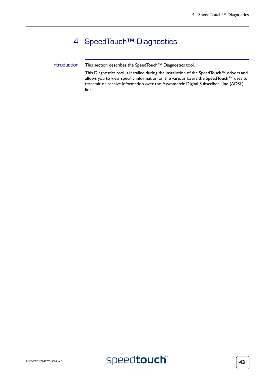 4 speedtouch™ diagnostics, Introduction, Speedtouch™ diagnostics | RCA 300 Series User Manual | Page 45 / 64