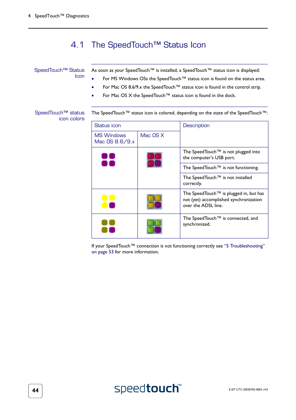 1 the speedtouch™ status icon, Speedtouch™ status icon, Speedtouch™ status icon colors | The speedtouch™ status icon | RCA 300 Series User Manual | Page 46 / 64