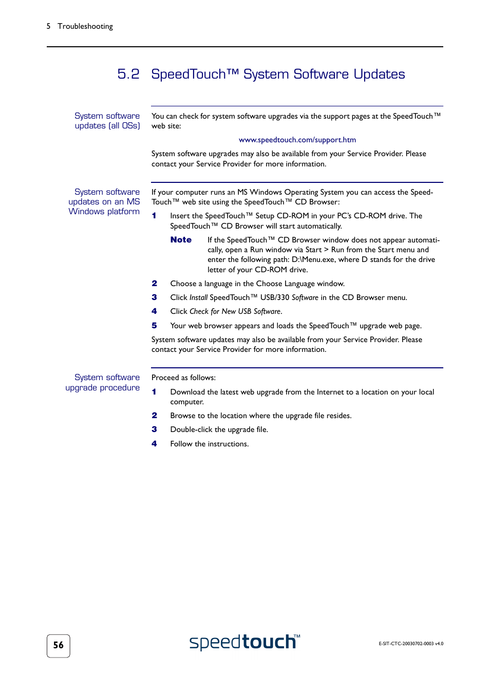 2 speedtouch™ system software updates, System software updates (all oss), System software updates on an ms windows platform | System software upgrade procedure, Speedtouch™ system software updates | RCA 300 Series User Manual | Page 58 / 64