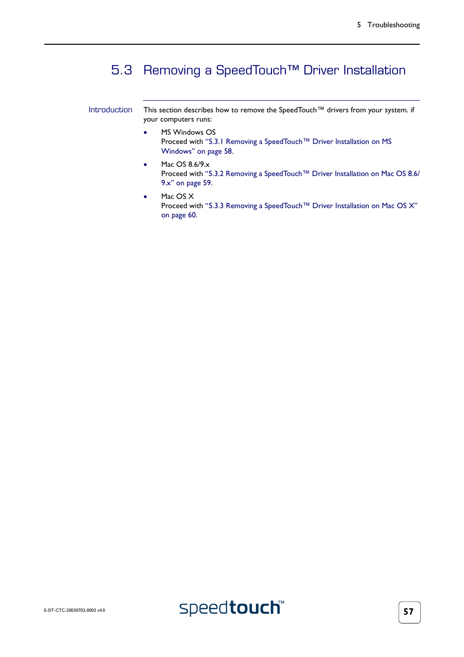 3 removing a speedtouch™ driver installation, Introduction, Removing a speedtouch™ driver installation | RCA 300 Series User Manual | Page 59 / 64