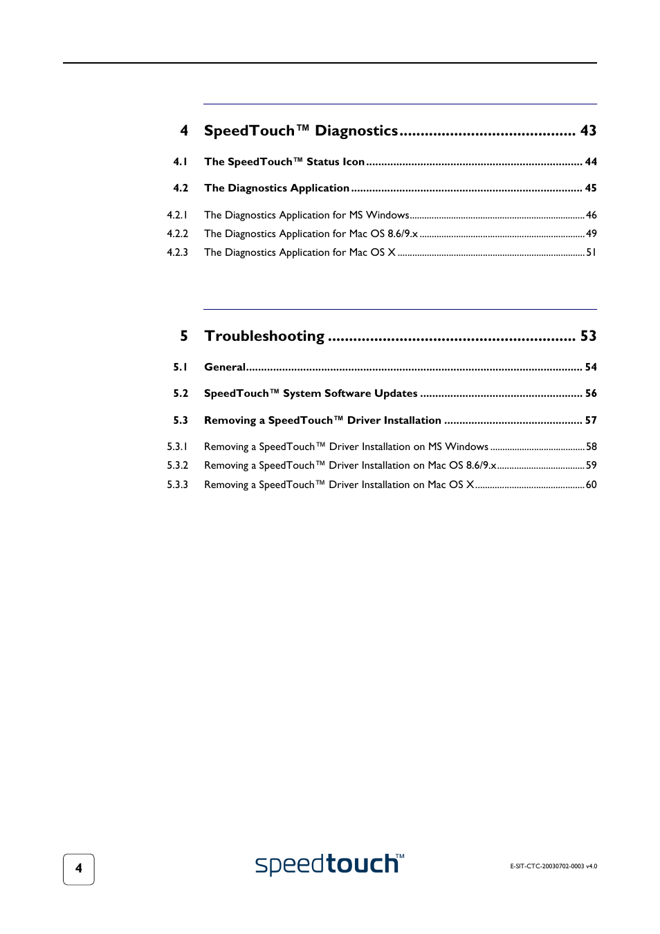 4speedtouch™ diagnostics, 5troubleshooting | RCA 300 Series User Manual | Page 6 / 64