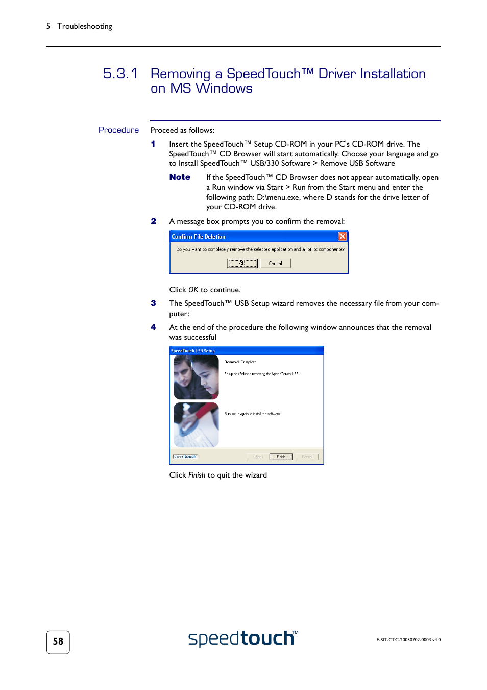 Procedure, Oceed with, 1 removing a speedtouch™ driver installation on ms | RCA 300 Series User Manual | Page 60 / 64