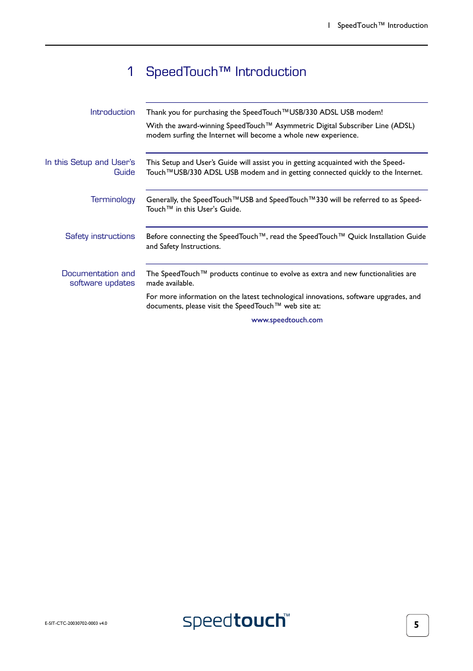 1 speedtouch™ introduction, Introduction, In this setup and user’s guide | Terminology, Safety instructions, Documentation and software updates, Speedtouch™ introduction | RCA 300 Series User Manual | Page 7 / 64