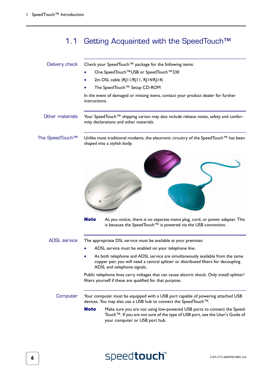 1 getting acquainted with the speedtouch, Delivery check, Other materials | The speedtouch, Adsl service, Computer, Getting acquainted with the speedtouch | RCA 300 Series User Manual | Page 8 / 64