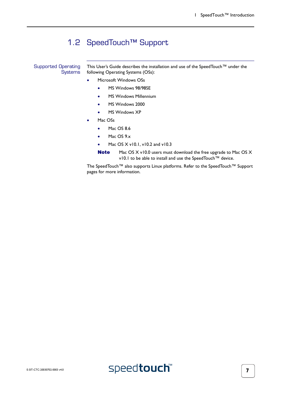 2 speedtouch™ support, Supported operating systems, Speedtouch™ support | RCA 300 Series User Manual | Page 9 / 64