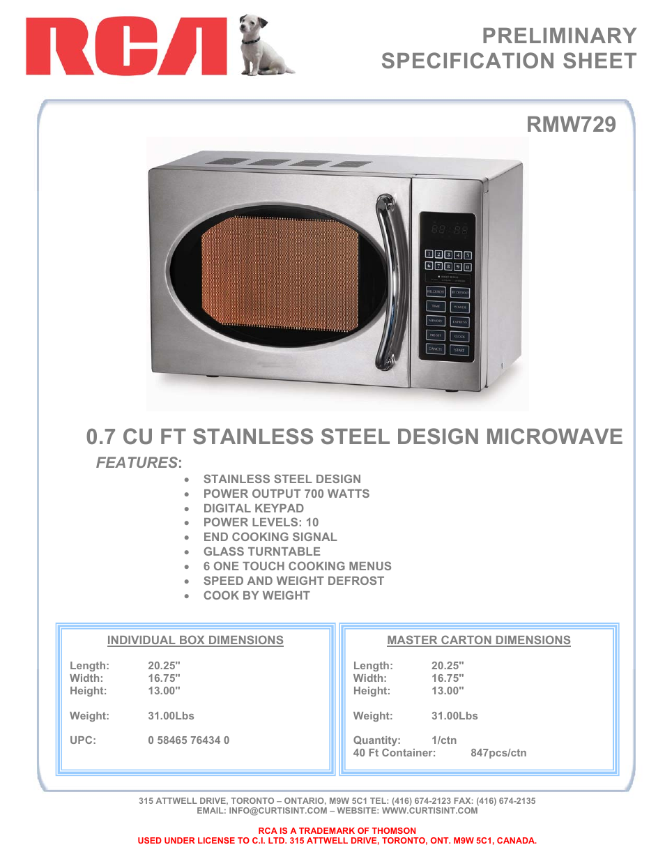 RCA RMW729 User Manual | 1 page