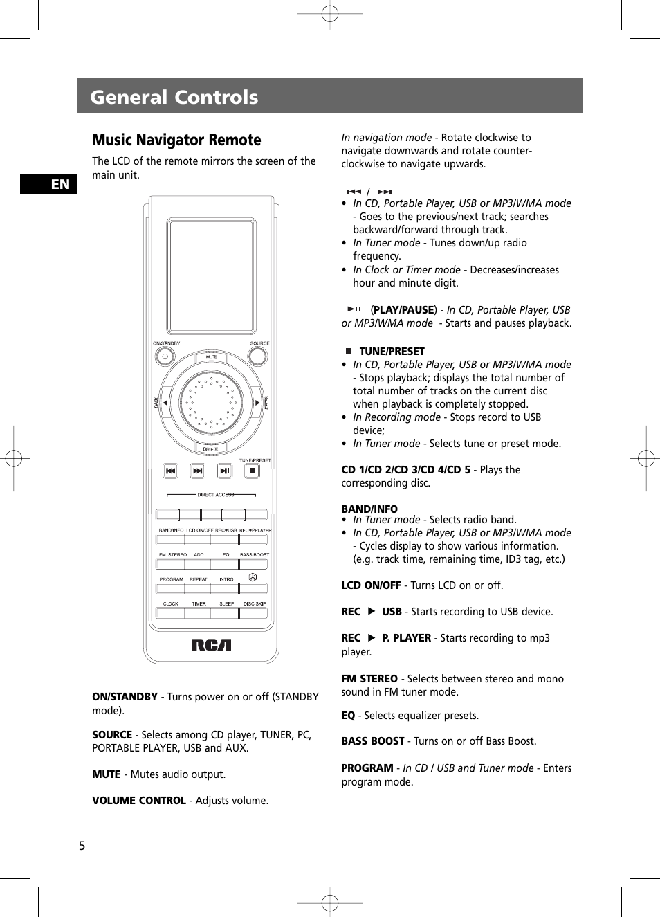 General controls, Music navigator remote | RCA RS2100 User Manual | Page 10 / 31