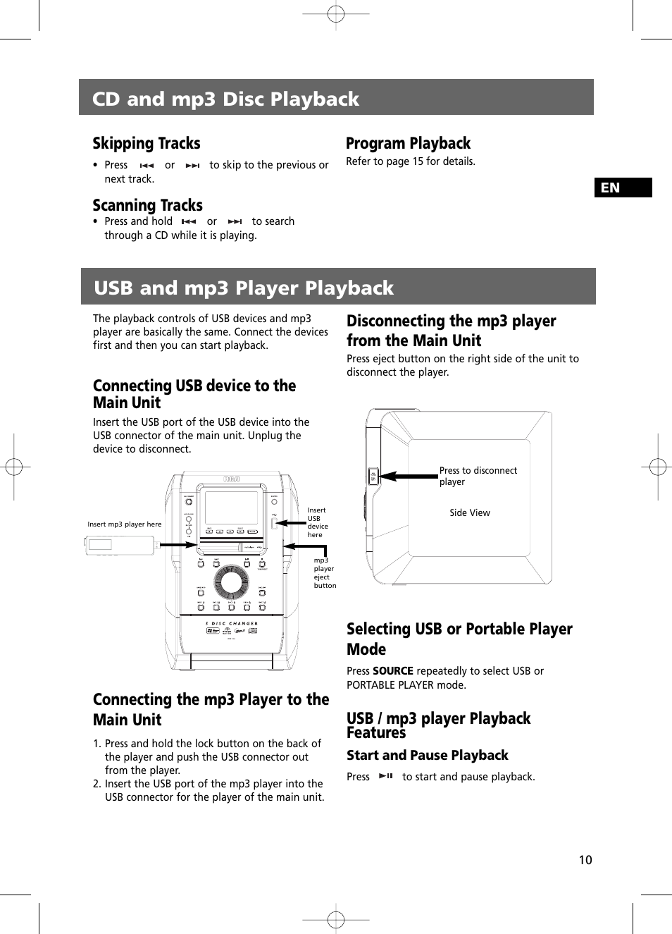 Cd and mp3 disc playback, Usb and mp3 player playback, Skipping tracks | Scanning tracks, Program playback, Connecting usb device to the main unit, Connecting the mp3 player to the main unit, Disconnecting the mp3 player from the main unit, Selecting usb or portable player mode, Usb / mp3 player playback features | RCA RS2100 User Manual | Page 15 / 31