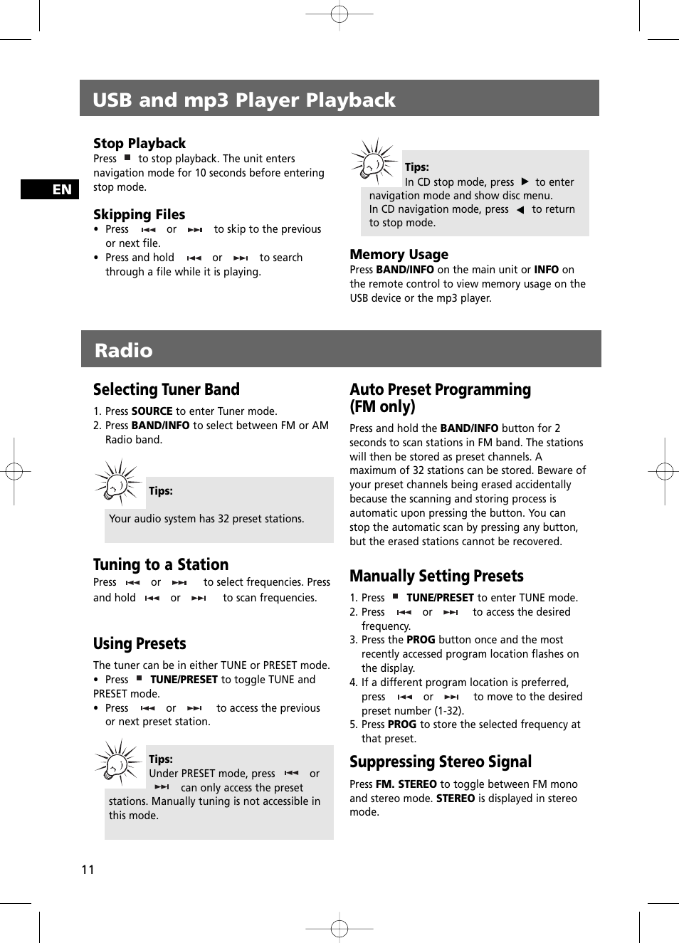 Usb and mp3 player playback, Radio, Selecting tuner band | Tuning to a station, Using presets, Auto preset programming (fm only), Manually setting presets, Suppressing stereo signal | RCA RS2100 User Manual | Page 16 / 31