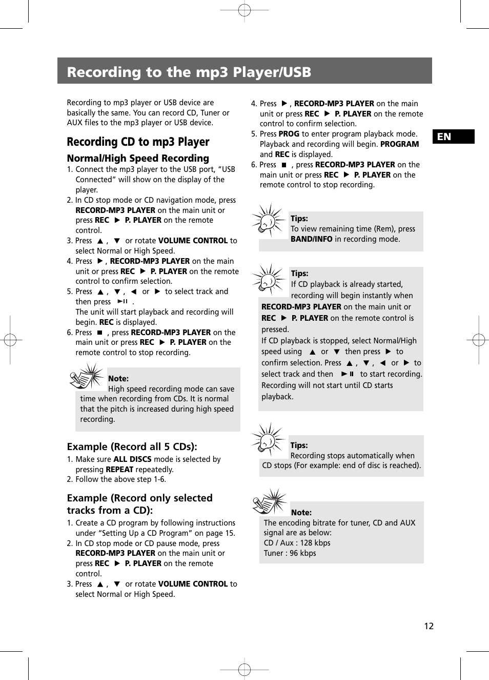 Recording to the mp3 player/usb, Recording cd to mp3 player, Normal/high speed recording | Example (record all 5 cds), Example (record only selected tracks from a cd) | RCA RS2100 User Manual | Page 17 / 31