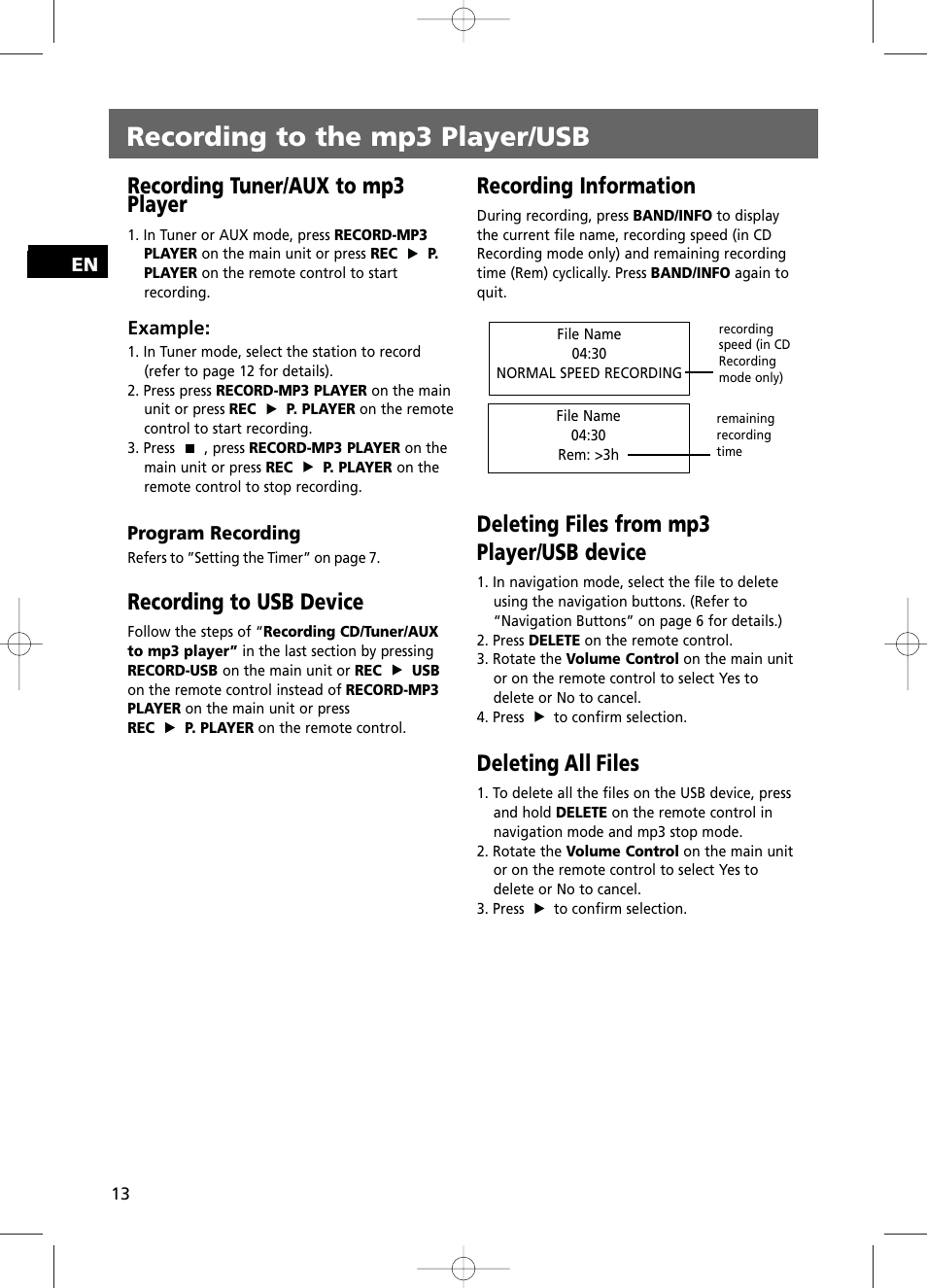 Recording to the mp3 player/usb, Recording tuner/aux to mp3 player, Recording to usb device | Recording information, Deleting files from mp3 player/usb device, Deleting all files | RCA RS2100 User Manual | Page 18 / 31