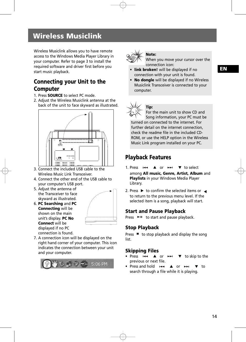 Wireless musiclink, Connecting your unit to the computer, Playback features | RCA RS2100 User Manual | Page 19 / 31