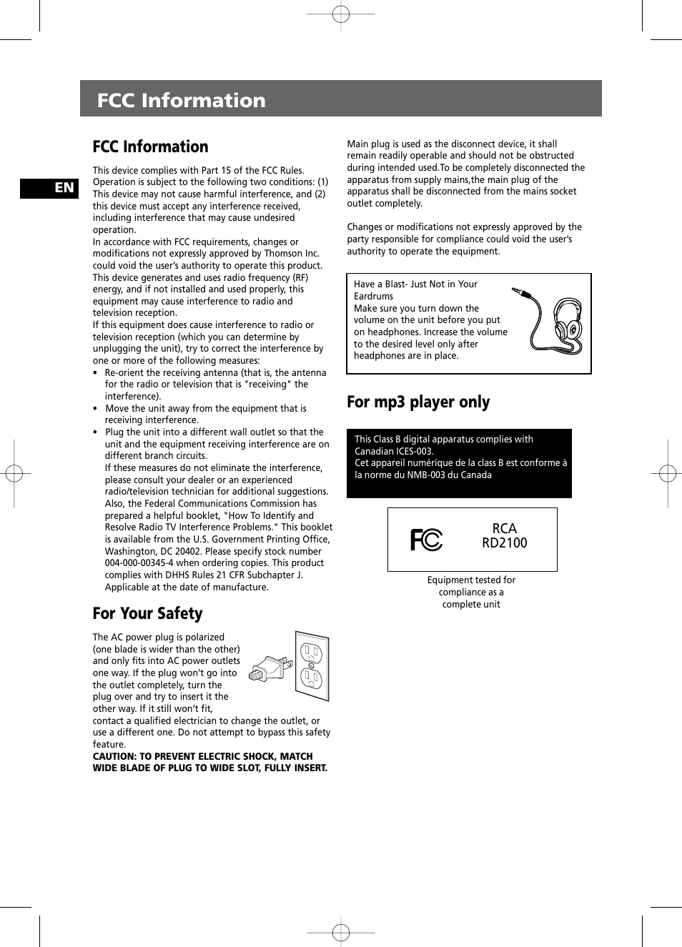 Fcc information, For your safety, For mp3 player only | RCA RS2100 User Manual | Page 2 / 31