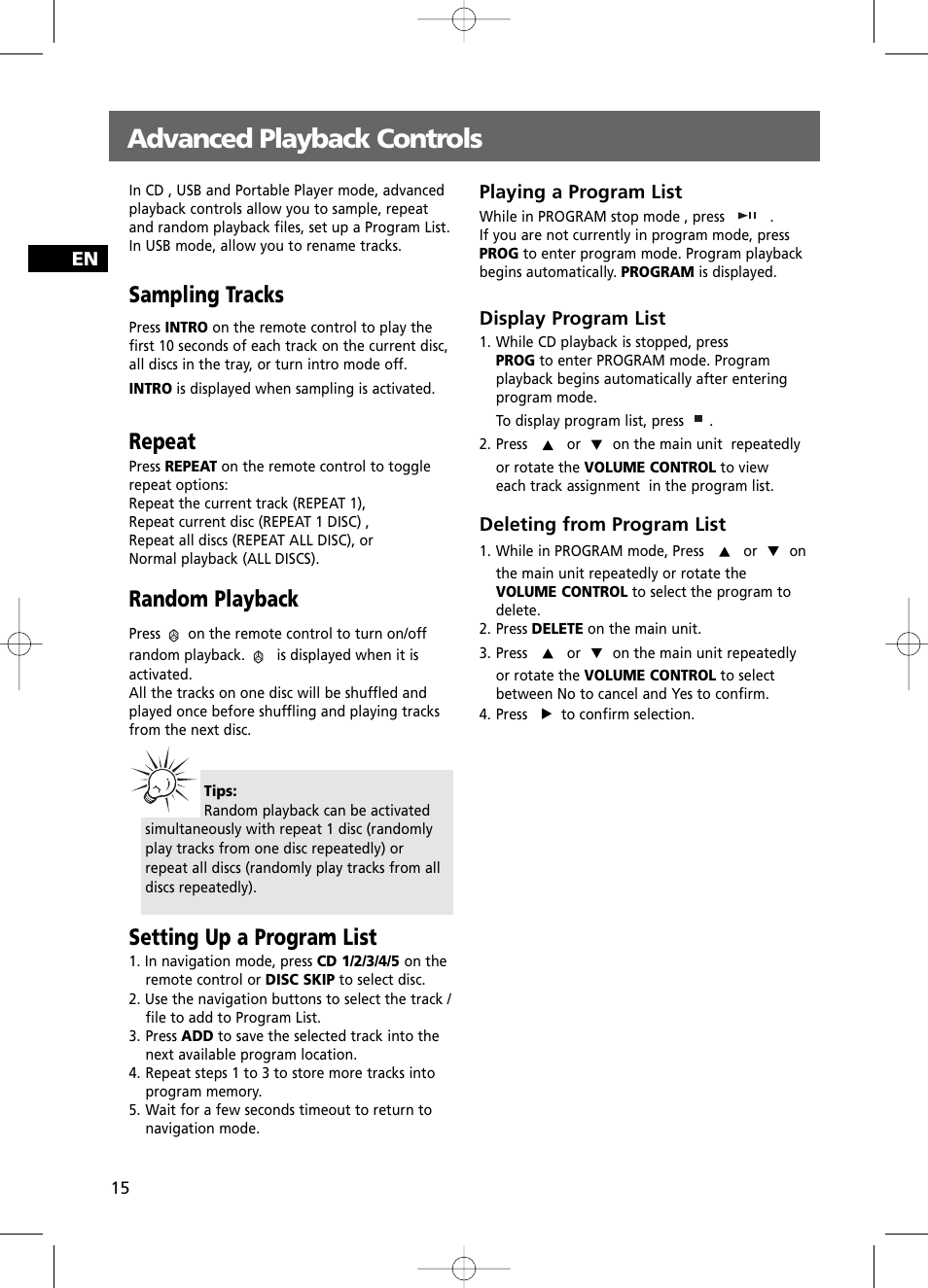 Advanced playback controls, Sampling tracks, Repeat | Random playback, Setting up a program list | RCA RS2100 User Manual | Page 20 / 31