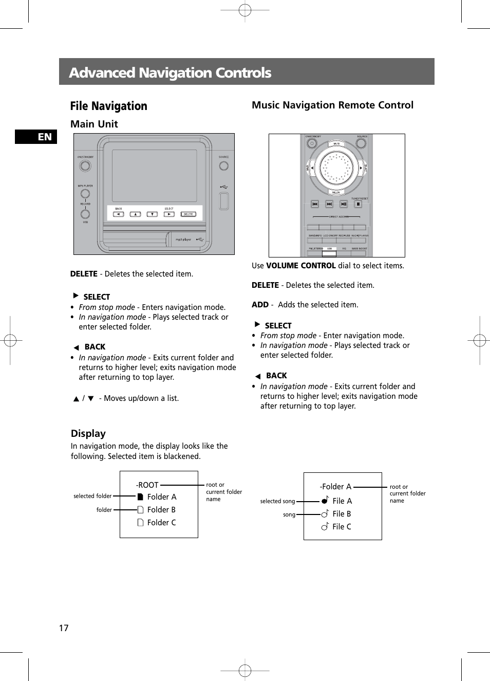 Advanced navigation controls, File navigation, Main unit | Music navigation remote control, Display | RCA RS2100 User Manual | Page 22 / 31